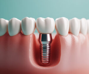 Dental implant close-up in gum with artificial tooth and natural teeth